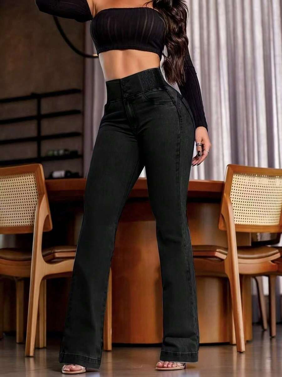 Women's Jeans, Women's Low-Rise Jeans, Minimalist Style Women's Clothing, Vintage Casual Jeans, Flared Jeans, Elegant Jeans, Elastic Waistband, Loose Slanted Pockets, Zipper And Button Closure, Suitable For Tall Women, Exquisite Details, Fashionable And Sexy, Suitable For Outdoor Wear, New Year, Street Style, Birthdays, Going Out, Christmas, Clubs, Vacations, Concerts, Festivals And Parties, Etc. - 黑色 - 查看 1