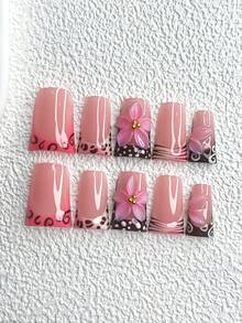 10pcs Sweet Girl Nail Stickers Set, Acrylic Nail Art Kit, Brown Wavy, Leopard, Striped Nail Decals, Hand-Painted Pink 5-Petal Sculptural Flower Nail Accessories, Rose Pink & White Nail Polish, Includes Nail Tools (1 Jelly Sticker + 1 Nail File), 3 Sizes: Almond, Duck Mouth, Coffin Shape Nails Nail Supplies - 彩色 - 查看 15
