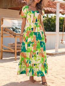 Women's Dress, Puffed-Sleeve Floral Casual Summer Dress, Pleated Back, Beach Flowing, Layered Long Sundress - 綠色大花 - 查看 1