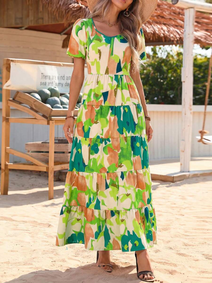 Women's Dress, Puffed-Sleeve Floral Casual Summer Dress, Pleated Back, Beach Flowing, Layered Long Sundress - 綠色大花 - 查看 1