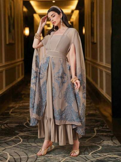 Elegant Arabian Dress With Split Sleeve Cardigan Collar And Belted Embroidery Detail, Modest Ruffle Hem Maxi Gown For Women, Non-Stretch Fabric For Comfortable Fit