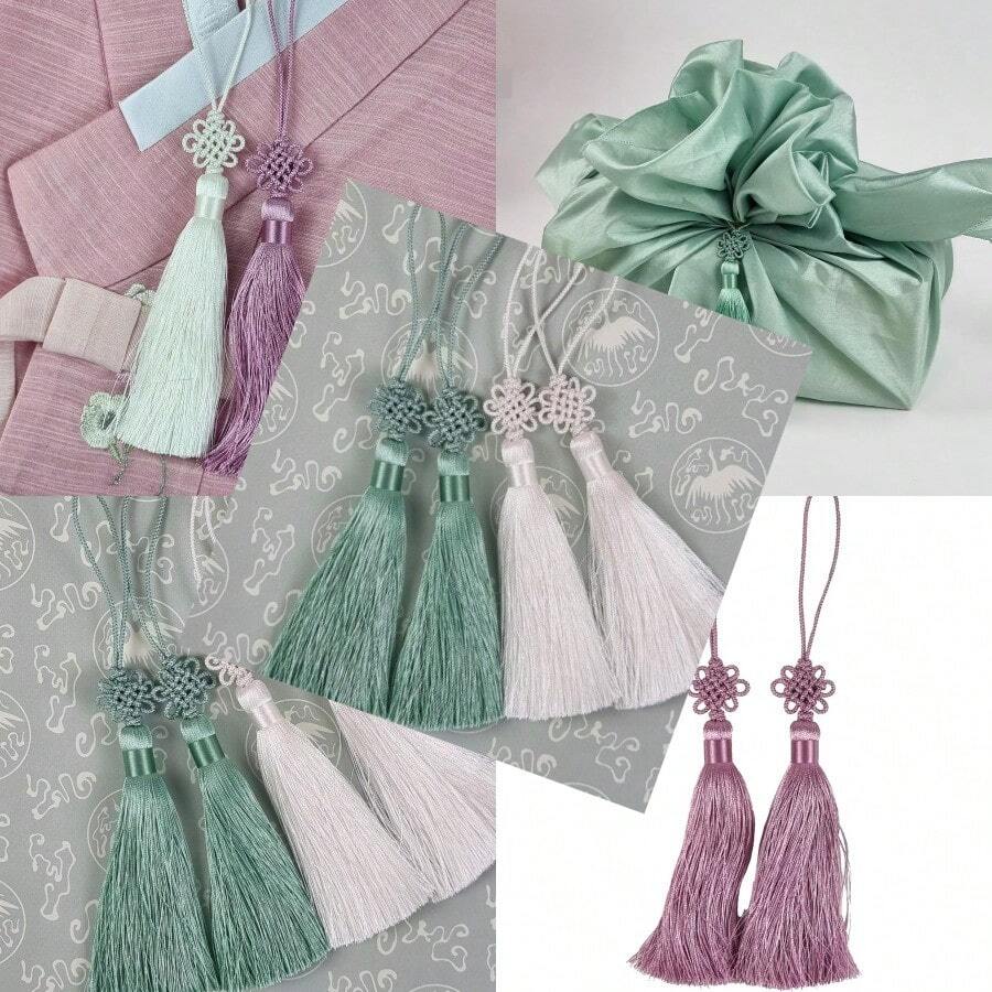 Mini Korean Silk Knot Norigae Set - 2 Pack Traditional Tassel Charms In 7 Colors - Decorative Accessories Pink - Hồng - Xem 1