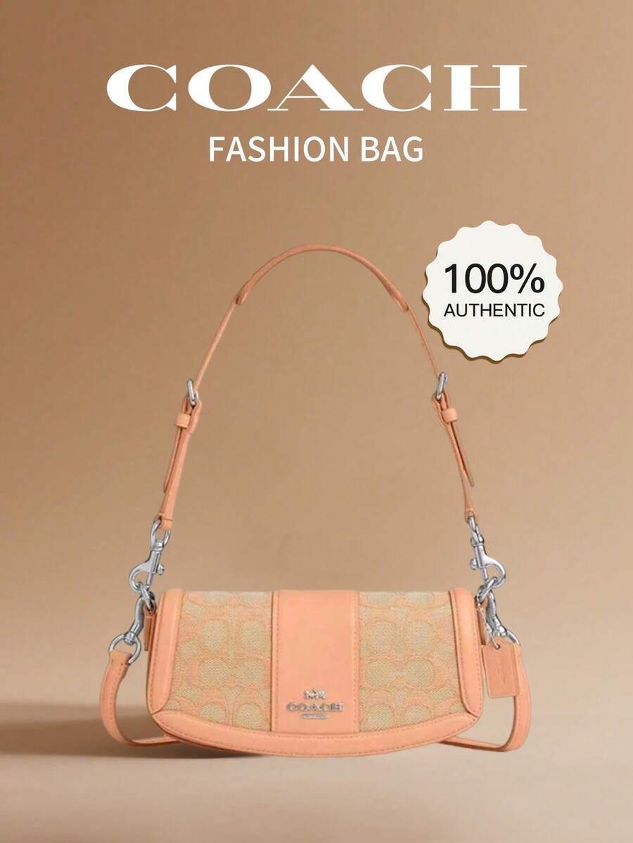 Coach Andrea 女士小号单肩包，按扣真皮包，女士腋下包，标志性提花面料 - 胭脂粉紅色 - 查看 1