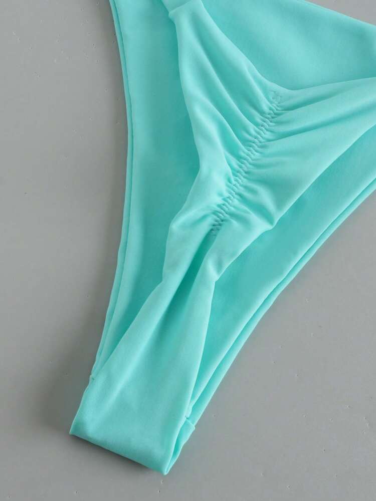 2026 New Sexy Bikini Set For Women, Heart Decor Solid Color Halter Split Swimwear Vacation Beach Summer - Cadet Blue - View 4