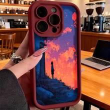 Funda de teléfono de moda, compatible con varios modelos de ,  y , funda de teléfono con diseño artístico de una chica silueta parada en una colina contra un cielo atardecer vibrante, compatible con varios modelos de ,  y , funda de protección para teléfono, funda de pareja, regalo para novio o novia, regalo de vacaciones, este es un regalo popular para amigos o socios, adecuado para ocasiones de negocios. Duradera, resistente a las manchas y a las huellas dactilares, esta nueva funda para teléfono de hombres y mujeres es un gran regalo. - Burdeos - Ver 2