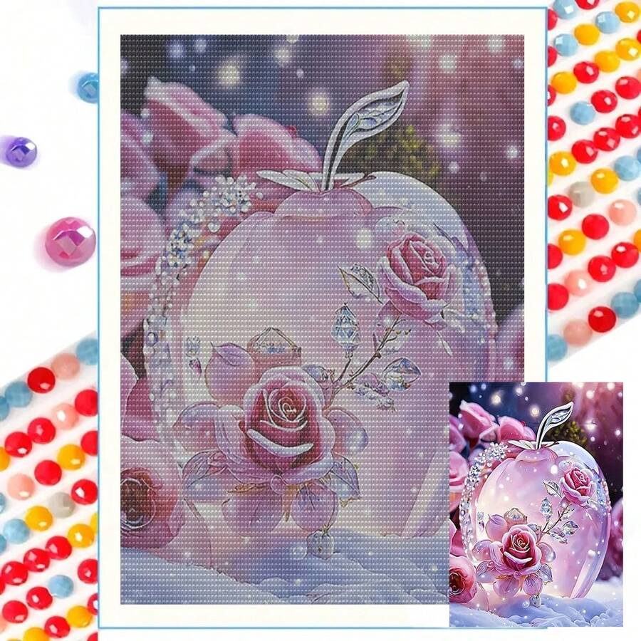 1 pieza Pintura de diamante de arte completo con manzana de cristal y rosa de 30*40cm/11.8*15.7in, decoración de pared para el hogar, regalo del Día de San Valentín, adecuado para la decoración de pared del hogar, regalo de Navidad - color - Ver 1