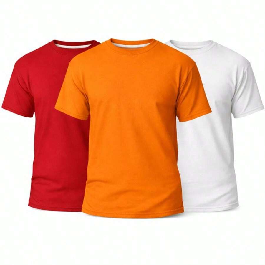Set Of 3 Men's Basic Plain T-Shirts, 100% Cotton, 30.1 Mm - 紅/橙/白 - 查看 1