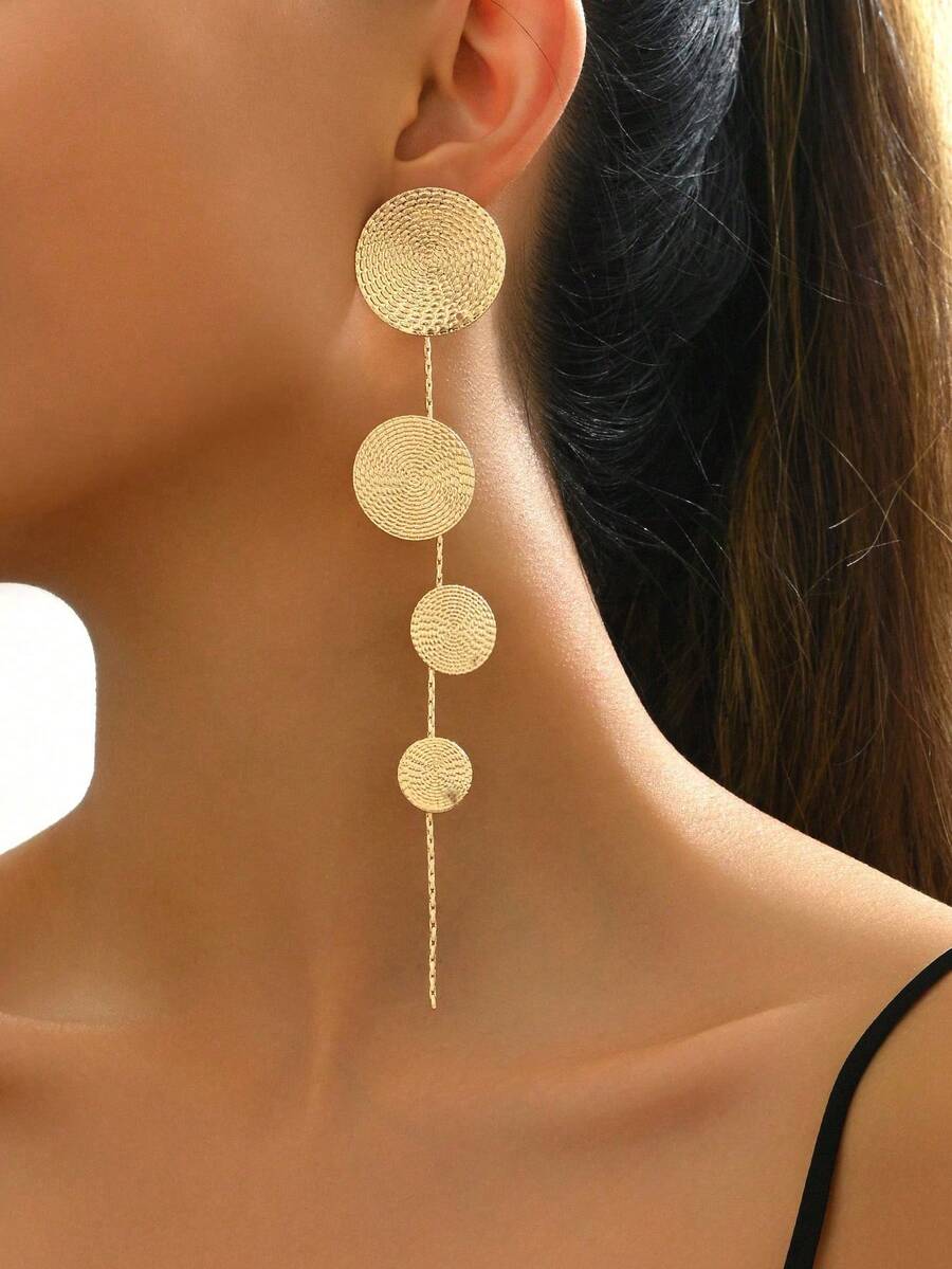 Tassel Round Disc Pattern Earrings In European And American Style - Yellow Gold - View 1