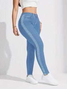 Patchwork Casual Pocket Denim Jeans, Everyday Wear, All Seasons - Blue - View 5