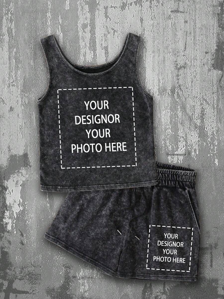 Women's Fashion Custom Patterned Prints, Customizable Text, Personalized Back With Custom Photos/Designs, Retro Distressed Washed Finish Vest And Shorts Set, Women's Street Style Casual Retro Two Pieces Set. - Black - View 1