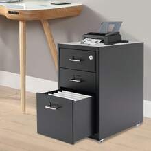 Schublade Dateischrank mit Schloss, Holzkorn weiße Dateischranke für Buchstabengröße Dateiordner mit Registerkarten, Mobile Unter Schreibtisch Dateischranke für Home Office, Rollschrank Druckerstand - Schwarz - Übersicht 3