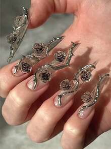 20pcs Gothic 3D Nail Charms - Jelly Black Rose & Silver Metal Thorns Vines - Y2K Acubi Punk Grunge Aesthetic DIY Manicure Parts For Halloween & Cool Girl Style Nails - Dusty Purple - View 5