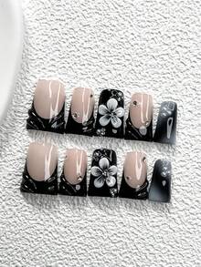 10pcs Luxury French Manicure Nail Sticker Set, Acrylic Nail Kit, Hand-Painted 5-Petal White Sculptural Flowers, Black Flower Center Inlaid With Rhinestones, White & Silver Small Round Rhinestones, Solid Color Water Wave Nail Art Decor, Ink Painting Design, Black Nail Polish Nails Nail Supplies Handmade Press On Nails - Nhiều màu - Xem 13