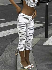Women Polka Dot Capri Pants Elastic Waist Stretchy Slim Fit Cropped Leggings Side Tie Up Going Out Pants Spring Summer Daily Casual Pants Y2K Retro Versatile Style Polka Dots Pants Party Club Streetwear Rave Outfit,Concert Outfit,Valentines Clothes,Beach Vacation Outfits - 白色 - 查看 4