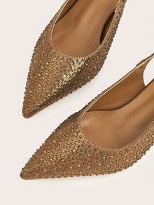 女士水钻装饰猫咪金属跟尖头套脚穆勒凉鞋，闪亮材质，时尚优雅，适合派对和正式场合穿着，低跟 - 棕色 - 查看 4