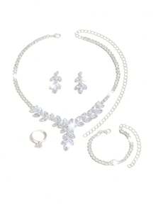 3件套镂空枫叶设计新娘女士时尚水晶项链套装，奢华珠宝套装，适合婚礼、生日礼物、派对。