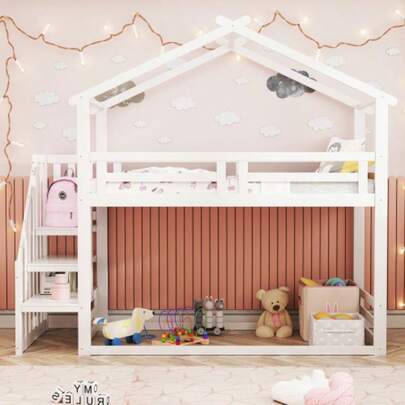 Kinderbett 90*200cm, Niedriges Etagenbett Mit Sicherheitstreppe, Etagenbettgestell Aus Massivholz Mit Lattenrost, White