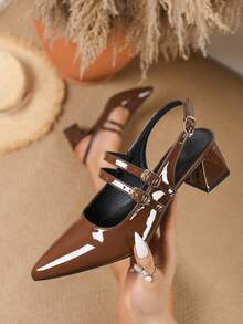 2026 Nuevos zapatos de mujer de punta marrón, tacones altos tipo Mary Jane con correa, sandalias de fiesta de tacón grueso de punta abierta y sin talón para damas - Marrón - Ver 2