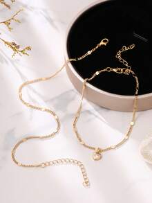 Nooxian 2pcs/Set Heart Micro-Inlaid Cubic Zirconia Layered Anklet, Minimalist Women Foot Jewelry Gift - Yellow Gold - View 3