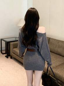 2025新款Y6Y无肩带长袖毛衣连衣裙，配腰带，性感修身包臀连衣裙，秋季款 - 灰色 - 查看 3