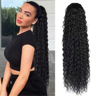 22 Zoll synthetische lange lockige Haarverlängerung mit Zugband-Design und Haarclip in Schwarz, Braun, Schwarz zu Rot, Schwarz zu Braun, Wasserwelle Pferdeschwanz Mode Perücken für Frauen für den täglichen Gebrauch und Festivalpartys