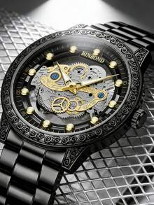 1pc Men's Single-Bridge Design Hollow Minimalist Korean Style Large Dial Luminous Gear Quartz Wrist Watch