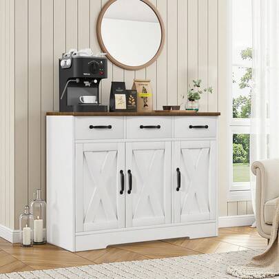 110cm Kitchen Cupboard, Freestanding Kitchen Storage Cabinet With 4 Arched Doors And 2 Adjustable Shelves, Modern Pantry Cupboard For Dining Room, White