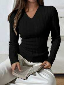 Y2K-stil dam casual mjuk v-ringad långärmad figurnära beskuren texturerad stickad pullover, enkel, höst/vinter - Svart - Visa 1