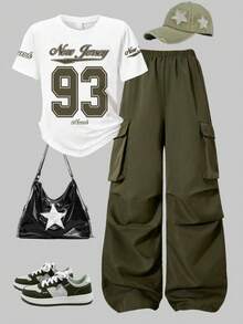 Girls Letter Print Short Sleeve Top And Pants Set - Army Green - View 1
