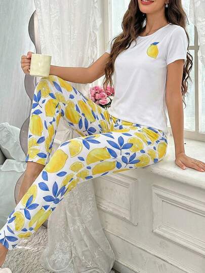 1 Set: Comfortable White Short Sleeve Top & Lemon Print Pants