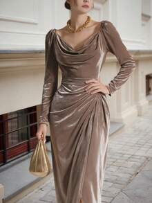 Roviva 女士优雅派对连衣裙，毕业礼服，垂褶领长袖褶皱腰身连衣裙，卡其色，适合情人节、感恩节、新年、婚礼、生日派对、约会、正式晚宴、下午茶、工作、早午餐、单身派对、通勤等场合。 - 卡其色 - 查看 4