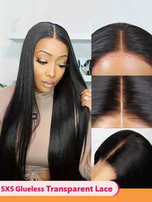 5x5 Lace Front Wig, 100% Human Hair, Pre-Plucked, Transparent Lace, Women, 150% Density, Virgin Hair - Black - View 2