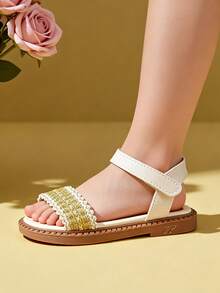 女童米色金丝编织装饰仿皮平底凉鞋，优雅奢华风格，适合夏季日常穿着、节日活动，设计时尚，鞋底柔软舒适，2026新款上市 - 金色 - 查看 5