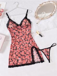 2 piezas Nuevo conjunto de lencería sexy con estampado de corazón de diamante que incluye camiseta y pantis, para el Día de San Valentín - negro rojo - Ver 10