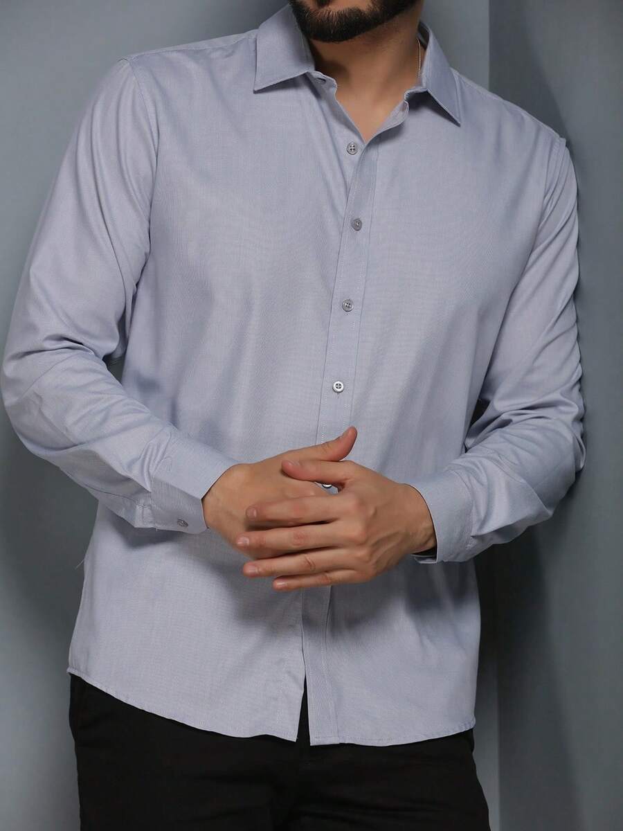 Men's Slim Fit Long-Sleeved Dress Shirt - 淺灰色 - 查看 1