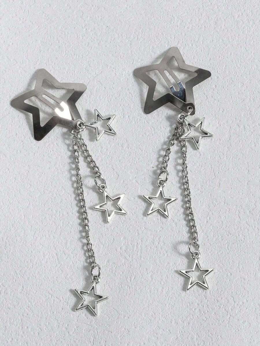 Y2K Edgy Baddie Style Metal Star Pendant Hair Clip, Five-Pointed Star Side Clip For Hairstyle Decoration, Claw Clips, Hair Slide, Hair Barrettes, Hair Accessories For Women, Head Accessories, Hairpin - Silver - View 1