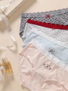 4条/包 情人节限量版波点撞色蕾丝边透气加长棉质裆部弹力腰带女士平角内裤 - 彩色 - 查看 3