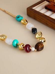 1件复古波西米亚风夸张树脂串珠项链，复古项链，适合女性佩戴 - 金色 - 查看 9