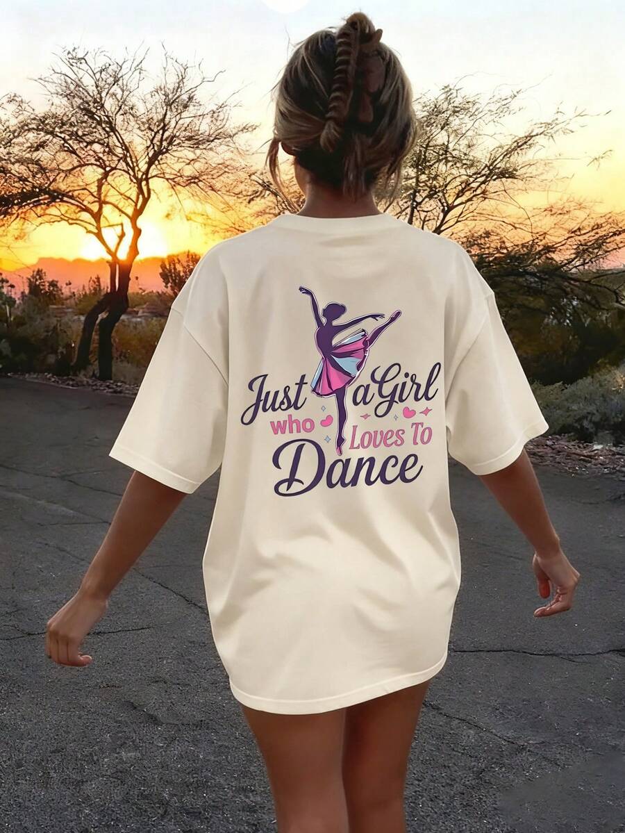 1件女童休闲印花圆领短袖T恤，夏季学生少女服装 - 这款印有舞蹈图案的T恤为每个孩子带来欢乐和幸福！ - 杏色 - 查看 1