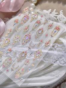 1片复洛克金箔美甲贴纸，奢华仿宝石设计美甲装饰，女士及女孩DIY美甲配件，适合美甲新手 - 彩色 - 查看 10