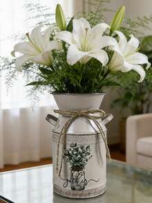 19cm High X 13cm Wide Silver Gray Milk Pitcher Shaped Vase. The Vase Body Is Printed With A Fresh Plant Pattern, Suitable For Vibrant Flowers Like Purple Bougainvillea. Weight: 0.16kg. - Light Grey - View 9