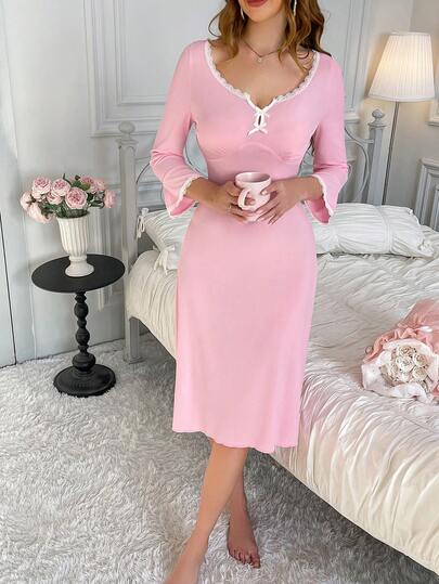 Valentine's Day Gift Women's Dress, Fashionable Solid Color Ribbed Cute Bow Lace Patchwork Sexy V-Neck Flare Sleeve Fitted Dress, Comfortable Loungewear