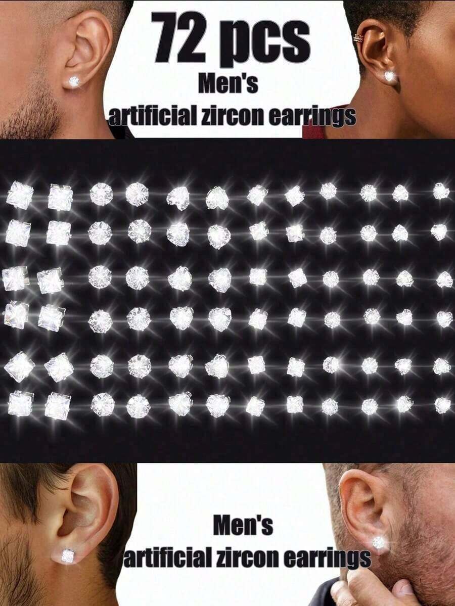 24-30-72pcs/Set Minimalist Punk Geometric Circle, Square, Heart Zirconia Stud Earrings For Men, Glamorous Party, Festival, Vacation, Music Event, Couple, Party, Date, Gift, Casual Wear - 彩色 - 查看 1