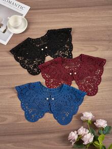 1件蕾丝可拆卸领子，多功能装饰领，花卉蕾丝肩披，配珍珠纽扣，刺绣领子