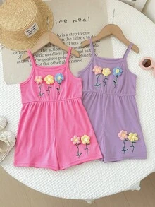 2pcs Girls' Summer Floral Decor Ribbed Knit Jumpsuit, Children Pink & Purple Beach Holiday Loose Romper - Multicolor - View 1
