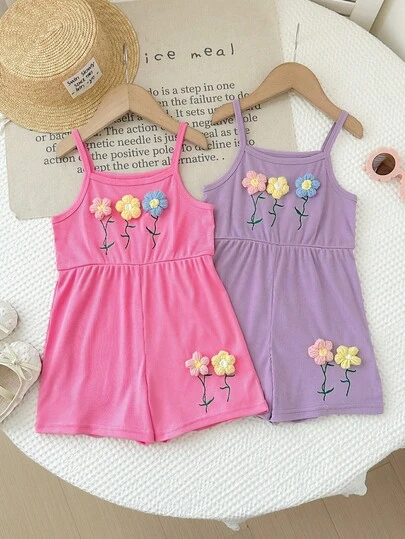 2 piezas Mono de punto acanalado con decoración floral para niñas, mono holgado de playa de vacaciones en color rosa y morado para niños