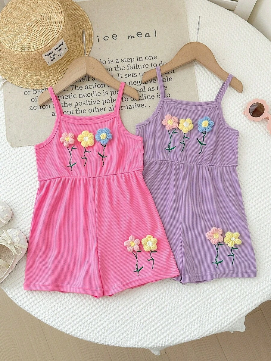 2pcs Girls' Summer Floral Decor Ribbed Knit Jumpsuit, Children Pink & Purple Beach Holiday Loose Romper - Multicolor - View 1