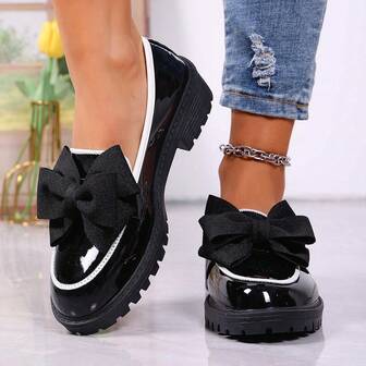 Thick Sole Slip-On Loafers With Bowknot, Comfortable Soft Bottom, Fashionable & Elegant Platform Shoes, Suitable For All Seasons