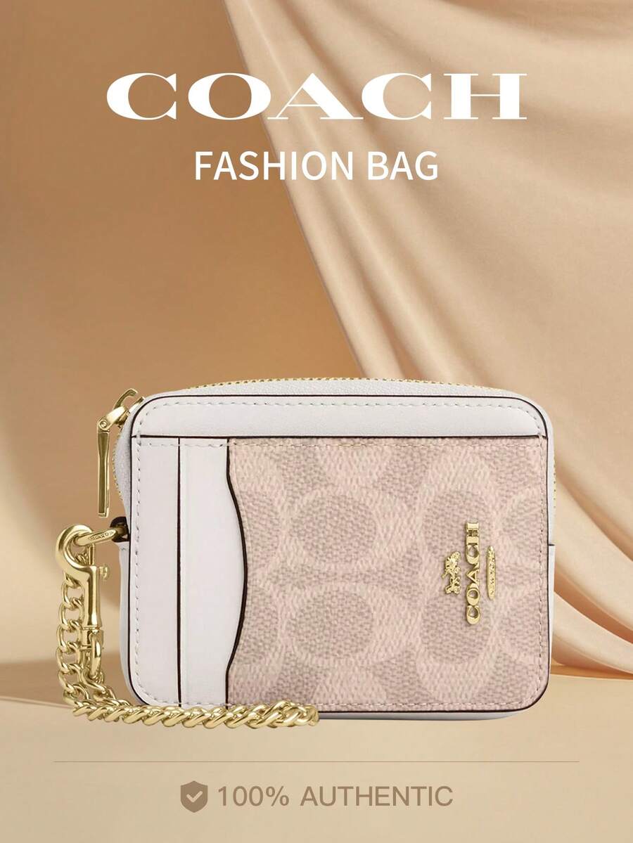 Coach Mini Zip Card Case 8 RFID Credit Card Holder, Small PVC Leather Zipper Card Case Wallet - 沙色拼粉紅色 - 查看 1