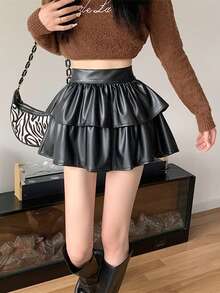 New Spring/Autumn PU Leather Pleated A-Line Mini Skirt, Flattering For Petite Women - Black - View 4
